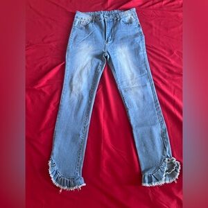 SHEIN Light Blue Ruffle Hem Cropped Jeans